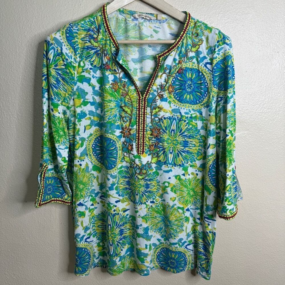 Soft Surroundings Shirt Women Medium VNeck Beaded Tunic Blouse Embroidered BOHO